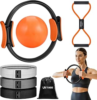 Pilates Equipment Kit at Home for Women, 4-in-1 Workout Essential Set with Pilates Ring, Fabric Resistance Bands, Figure 8 Resistance Band, Pilates Ball–Full Body Toning, Yoga & Stretching