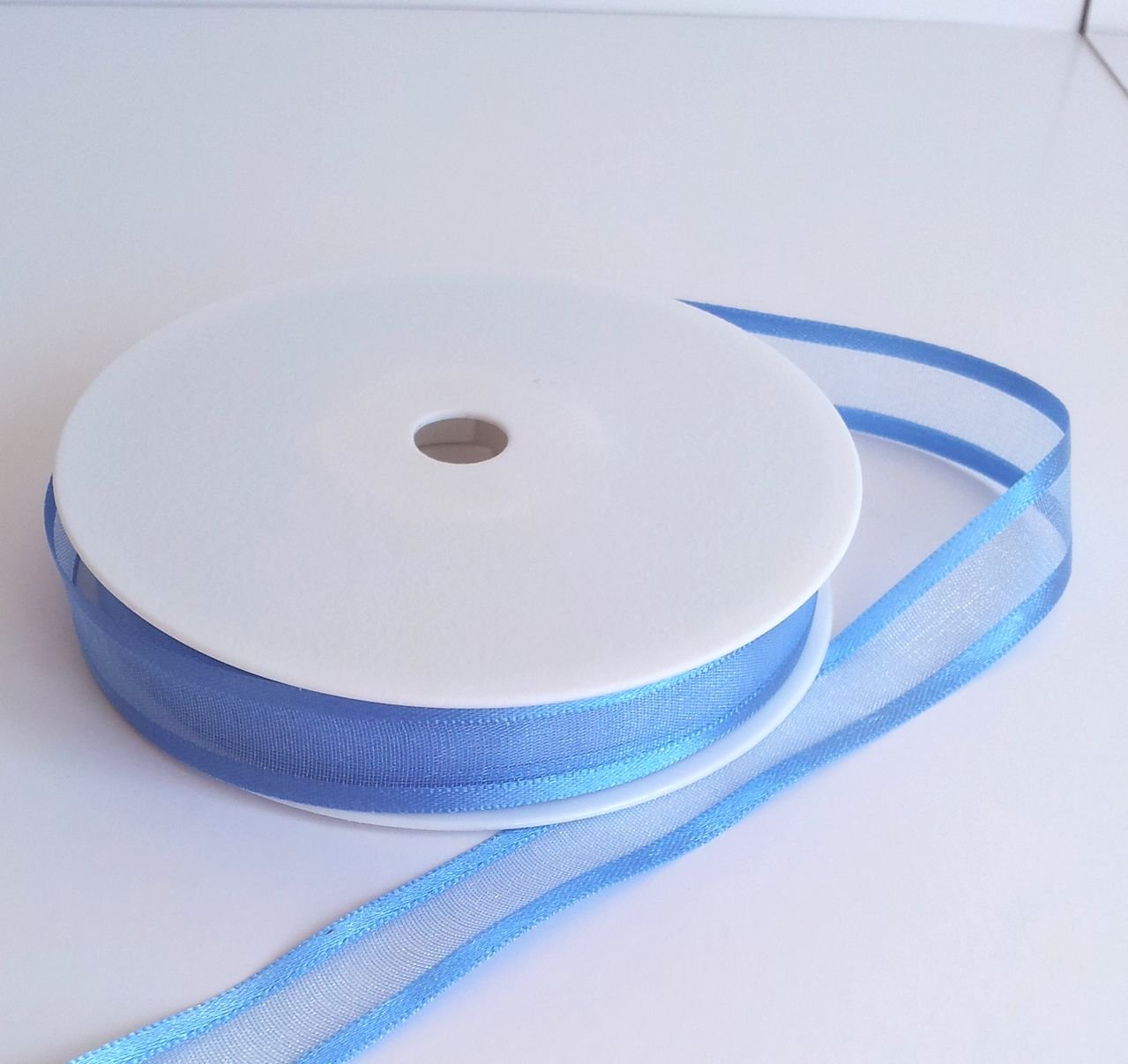 Rpribbon Blue 1 Metre Trim Of Pale Satin Edged Organza Ribbon 15Mm Wide