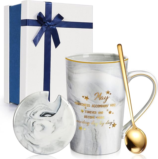 TangDouJM Porcelain Cup with Lid, Thank You Gift, Grey Painted Marble Ceramic Coffee Mug, Fun Inspirational Gift for Dad, Boyfriend, Friends,Valentine's Day Mother's Day Christmas Porcelain Cup Set