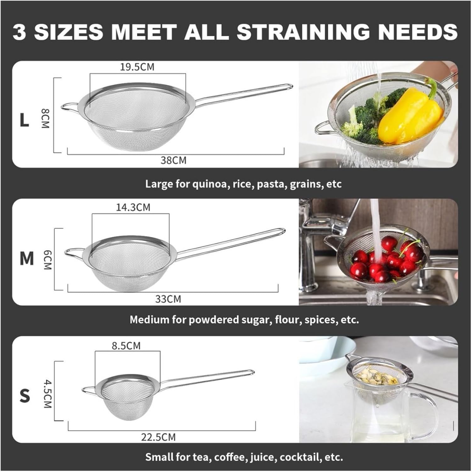 Fit for 3-Piece Stainless Steel Fine Mesh Strainer Set - Multipurpose Flour Sifter with Handle for Baking and Cooking