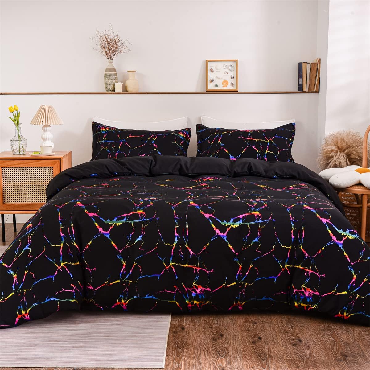 NTBED Black Multi Metallic Marble Comforter Set Queen, Soft Colorful Glitter Lightweight Microfiber Brushed Quilt Bedding Sets with 2 Pillowcases for Kids Adults