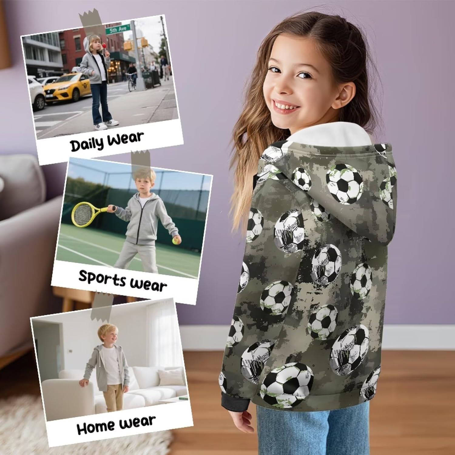 Ball Print Kids Zip-up Hoodies Casual Hoody Jacket Boy Girl Fashion Sweatshirt Loose Fitting Pullover Tops