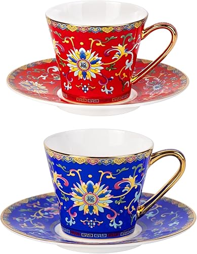 Miniatura 23 de KAMMAK Juego de 2 tazas de té y platillos, taza de café de porcelana con platillo para expreso, capuchino, 7.5 onzas, taza de cerámica floral
