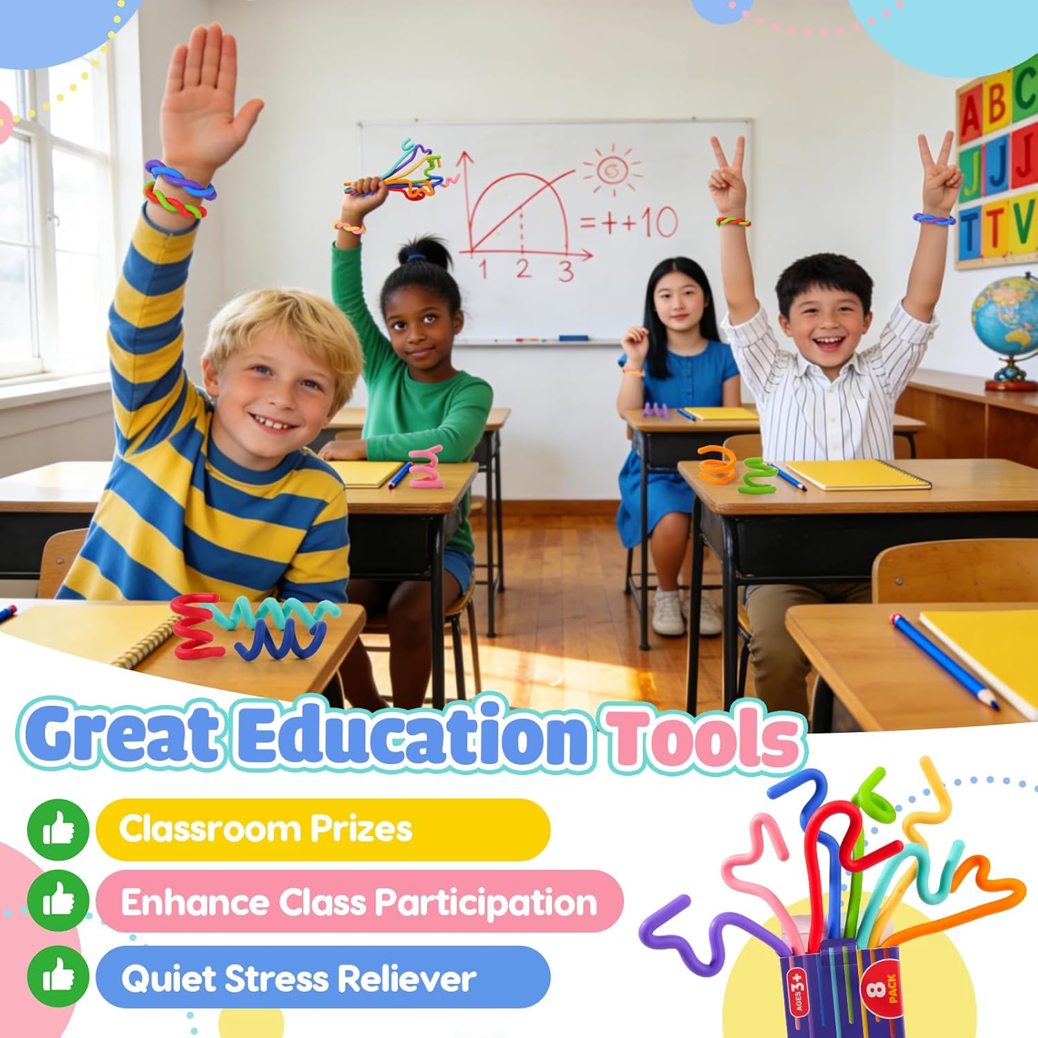 Sensory Toys Fidget Sticks for Kids: 8 Pack Creative Silicone Fidget Sticks - Sensory Toys for Autism ADHD Stress Relief - Quiet Desk Fidgets for Classroom Prizes - Calm Down Travel Airplane Toys