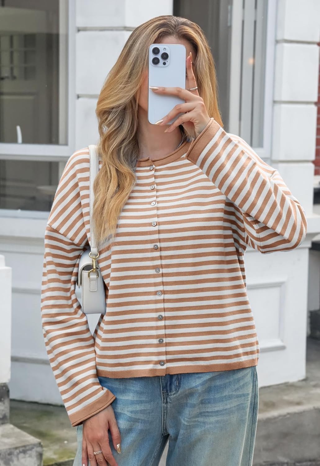 Womens Striped Cardigan Sweaters Casual Trendy Open Front Long Sleeve Button Down Lightweight Knit Fall Sweater - Image 5