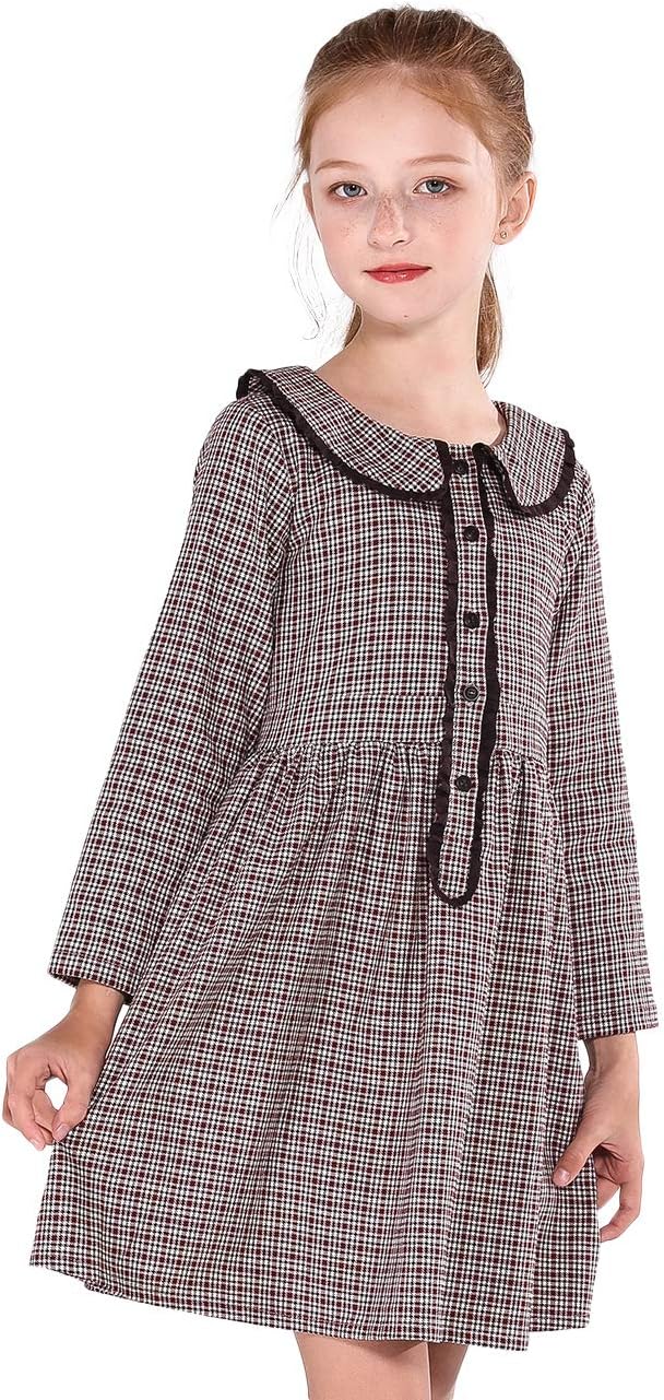 SOLOCOTEGirls Plaid Dress Spring Long Sleeve Dresses Peter Pan Collar 3-14Y