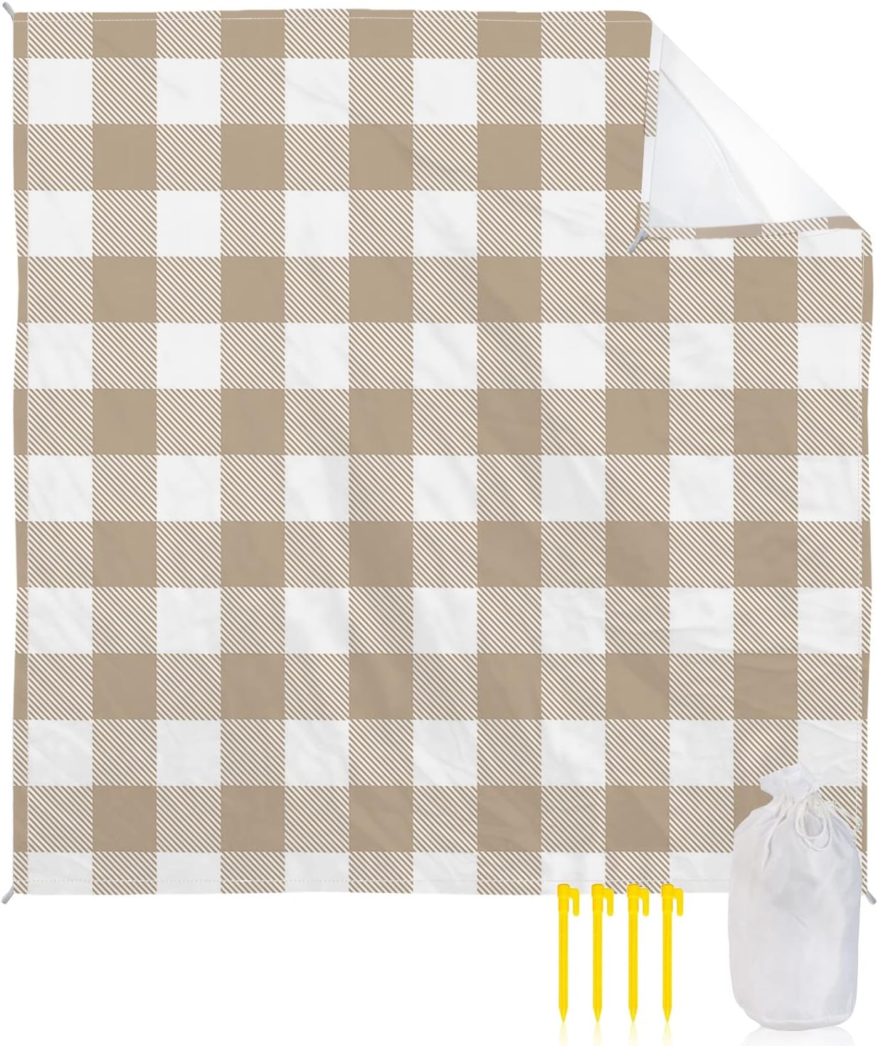 Rural Pastoral Buffalo Lattice Beach Blanket Waterproof Sandproof Outdoor Picnic Mat 95"x80" Khaki Tartan Lightweight Large Beaach Blankets with 4 Stake & 4 Corner Pockets
