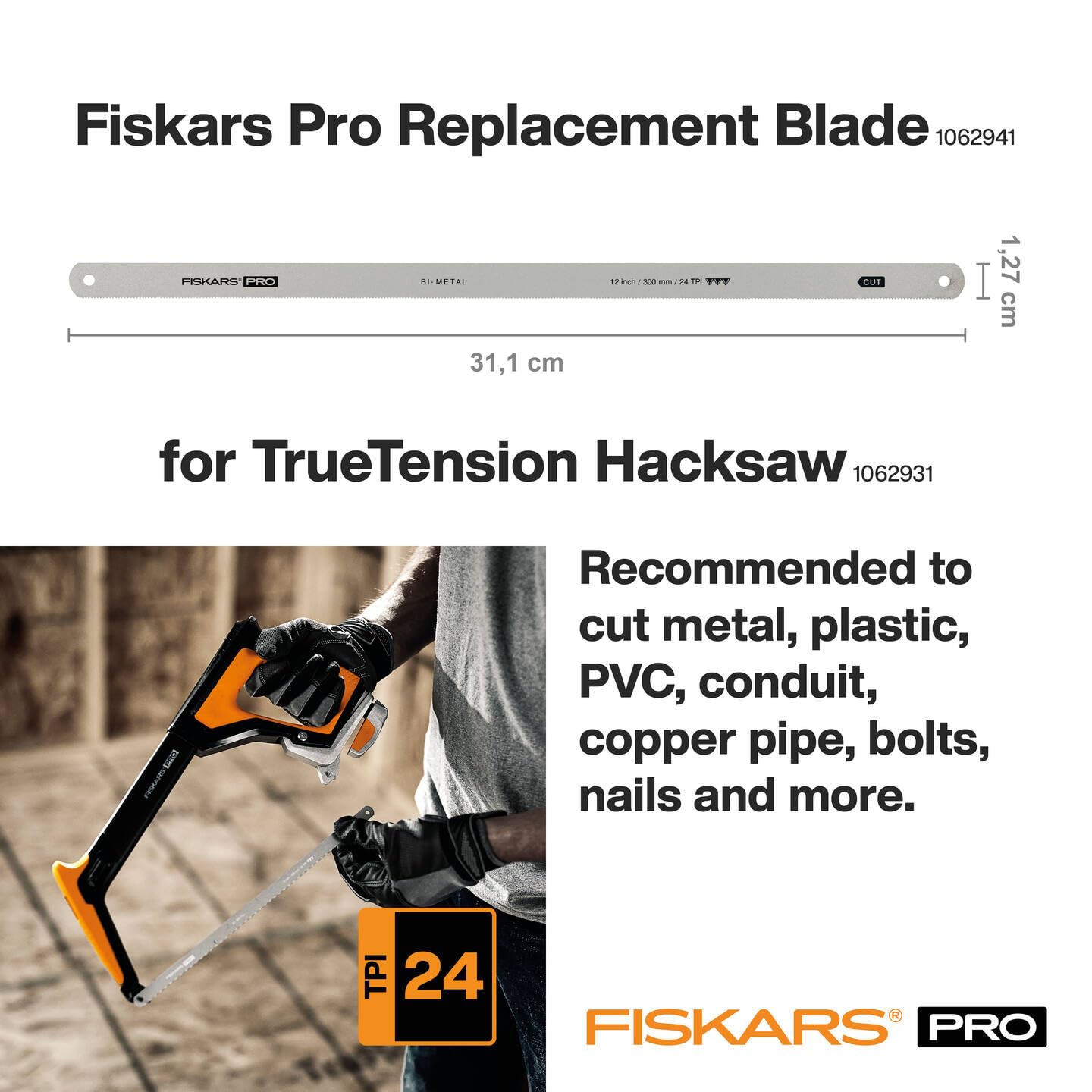 Fiskars Original Pro Replacement Blade for TrueTension Hacksaw (1062931), Saw Blade Length: 30 cm, 24 TPI, bimetal, 1062941