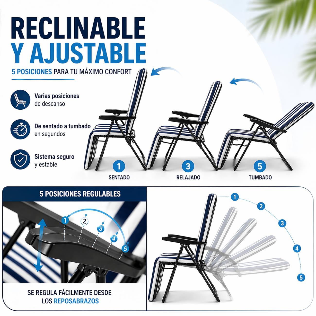 TIENDA EURASIA – Pack 2 Tumbonas Plegables de Camping | Diseño Marinero | 5 Posiciones Reclinables | 84x58x106 cm | Estructura de Aluminio | Soporta hasta 100 kg | Tejido Resistente | Playa y Jardin