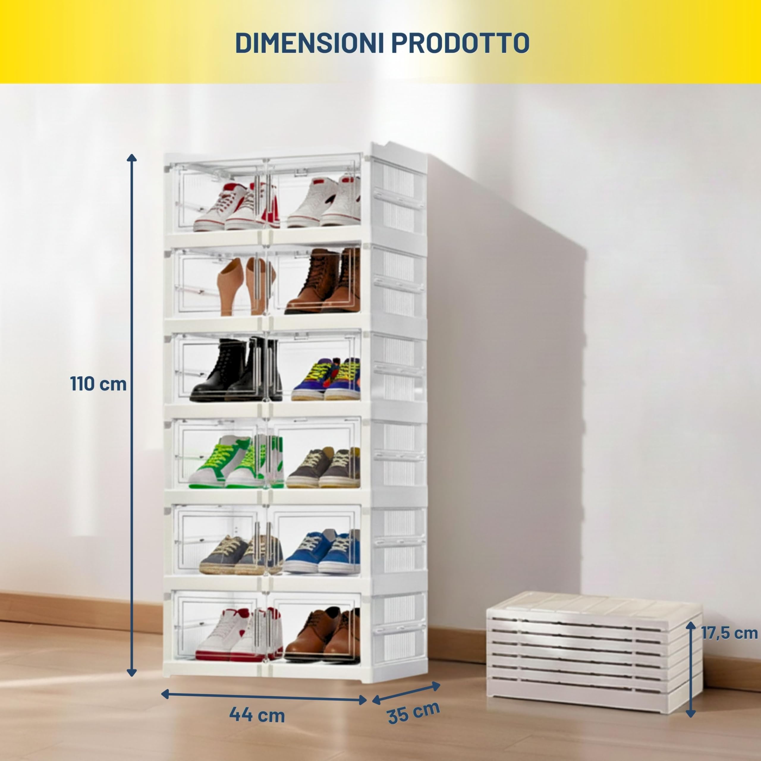 YASTA Scarpiera Moderna Salvaspazio, Mobiletto Porta Scarpe a Incastro, 6 Scomparti con Ante Trasparenti, Organizer Armadio Pieghevole, Scatole per Scarpe Impilabili, Design Modulare Salva Spazio