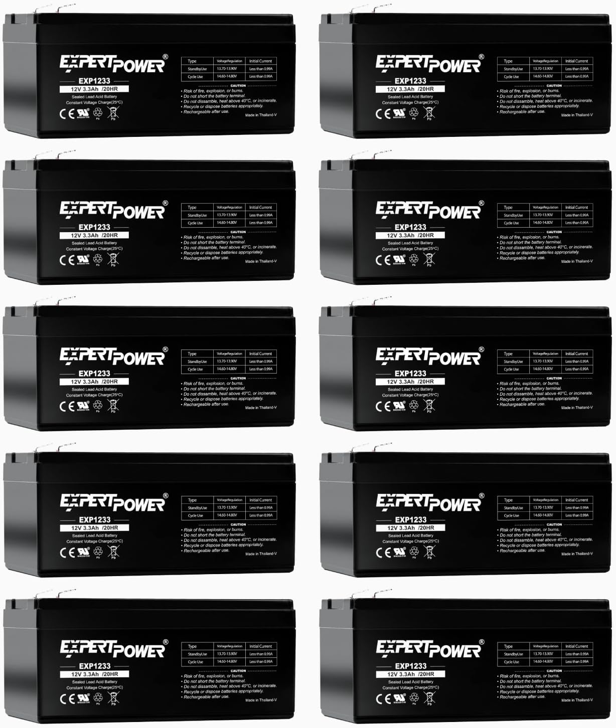 ExpertPower EXP1233 - (10 Pack) 3.3Ah 12V Battery Sealed Lead Acid, APC Battery Backup Replacement for Back-UPS ES 350, BE350E, BE350C, BE350R, BE350U, 12 Volt Rechargeable UPS Batteries