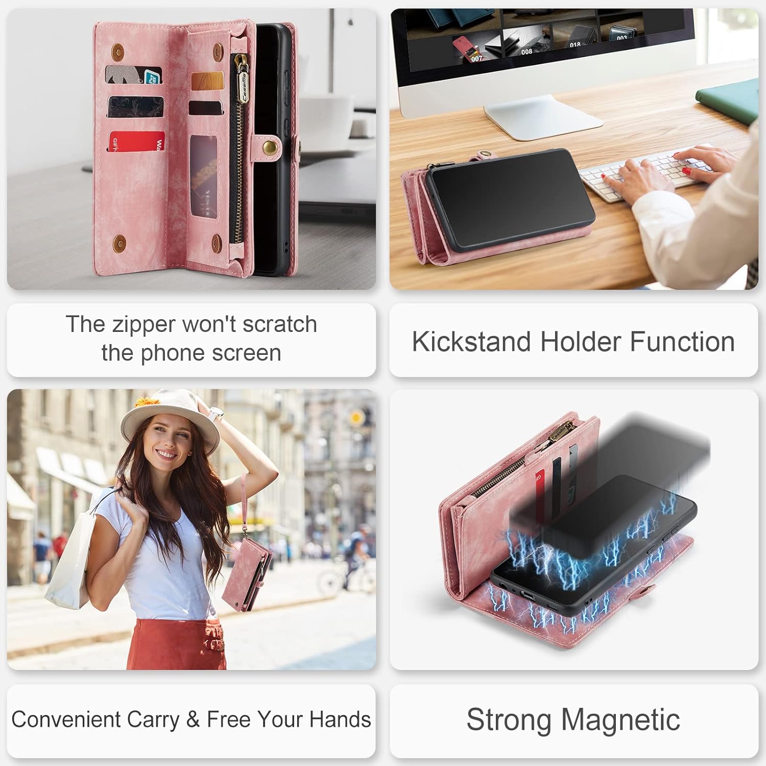 Case for Samsung Galaxy A72 2021, Genuine Leather Wallet Detachable Magnetic Cell Phone Cover Zipper Purse RFID Blocking Card Slot Holster for Samsung Galaxy A72 5G 2021 (Pink, A72)