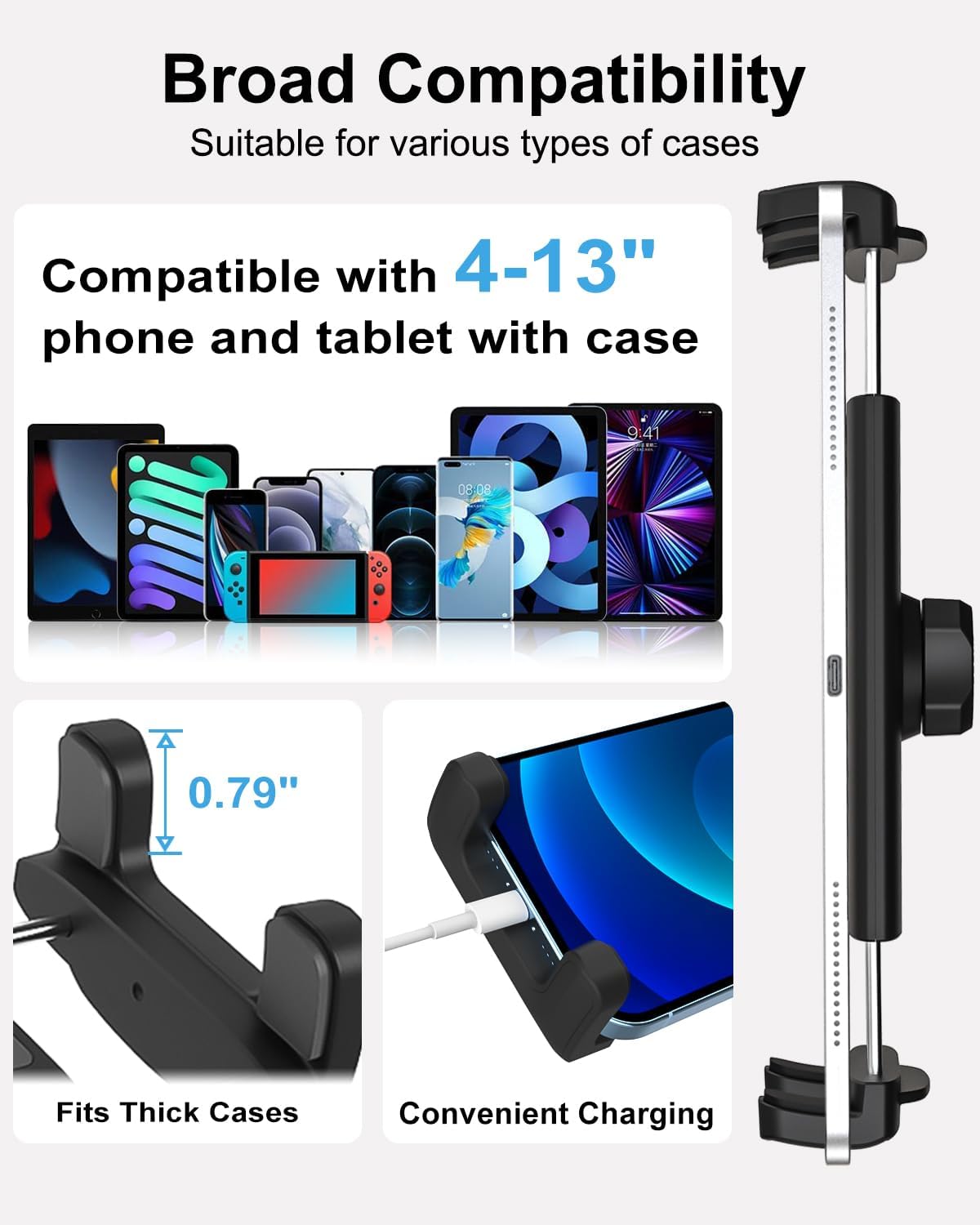 Car Headrest Tablet Holder for Backseat, Anti-Shake Adjustable Arm Mount, Foldable Tablet Holder for Car, Keeps Kids Entertained on Road Trips, Fits iPad Pro/Air/Mini & 4–13” Devices