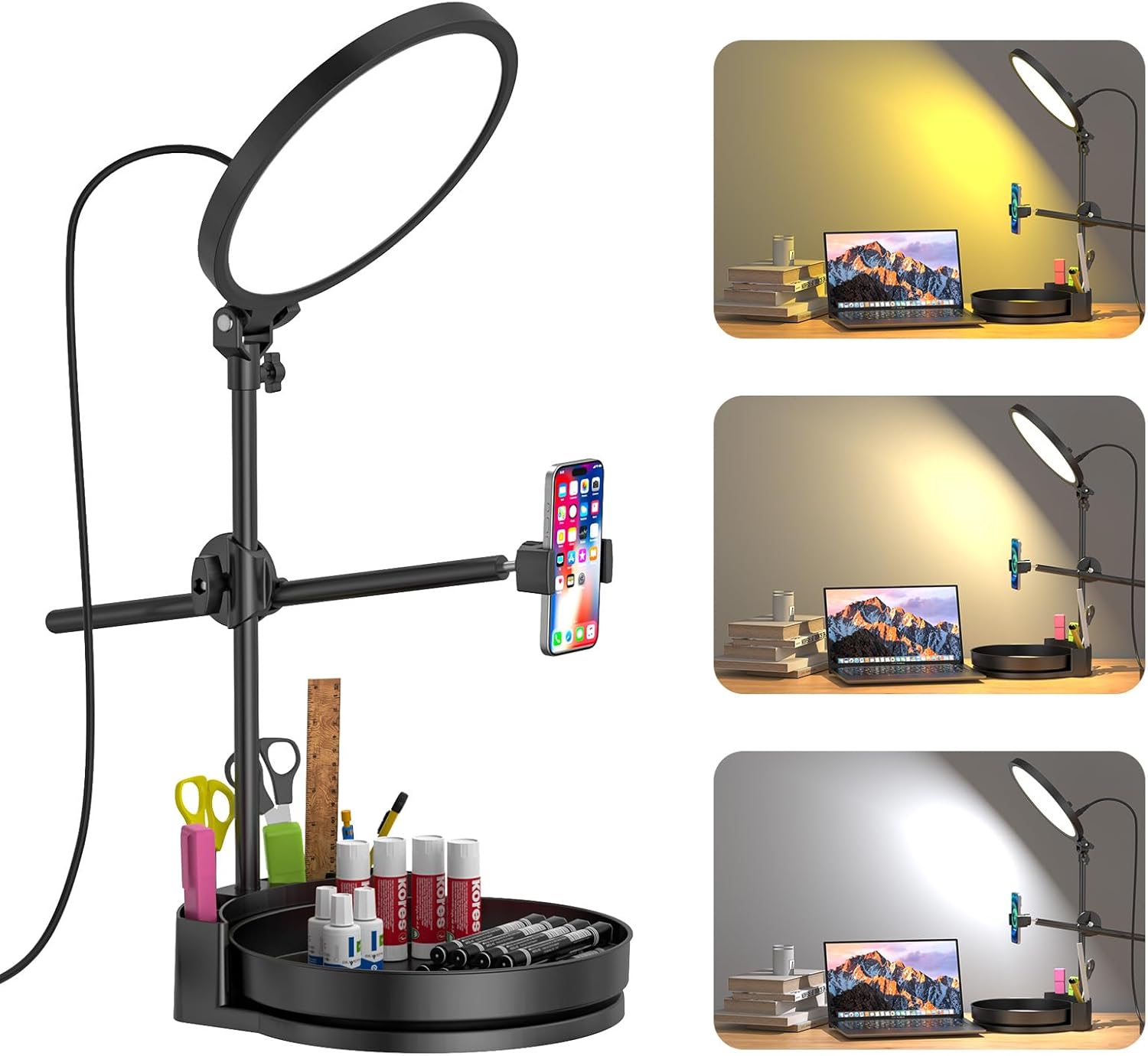 Zoom Desk Ring Light with Stand, 55W Dimmable Full Screen, Rotating Storage Box, Pen Holder, Phone Holder (Black, 10.5)