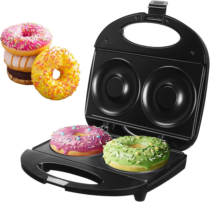 Máquina para hacer donas, mini máquina para hacer donas, mini máquina para hacer donas, 2 donas extra grandes de 4 pulgadas, antiadherente, anti-escaldaduras, fácil de usar y limpiar, perfecta para hacer donas con la familia.