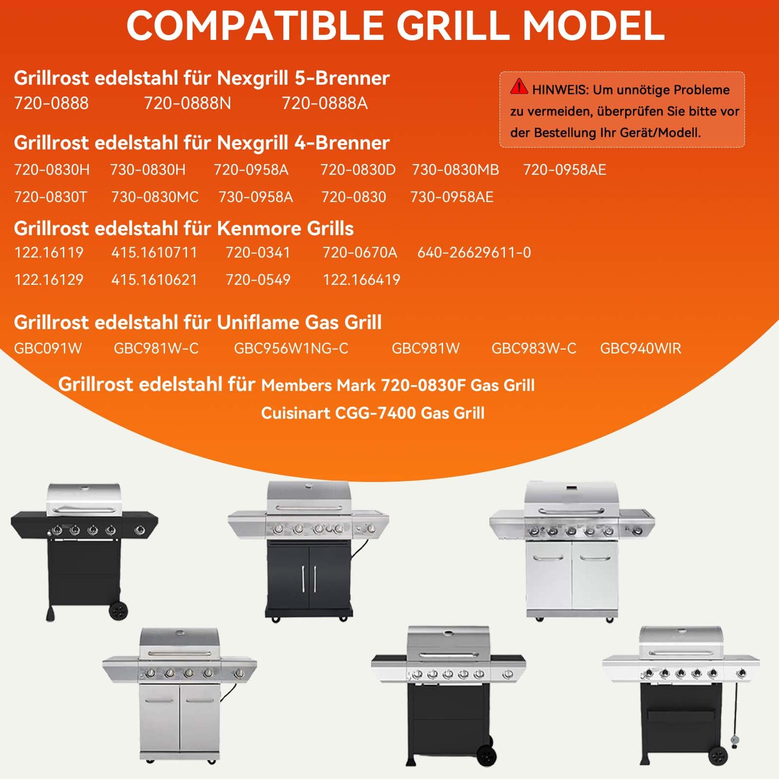Grillrost Edelstahl 43 cm für Enders Boston Monroe PRO 4, Gasgrills Ersatz für Landmann Triton, Broil King Baron/Crown, Napoleon LEX 485, Nexgrill 4-Brenner - 7mm Massive Grillroste - 2 Stück