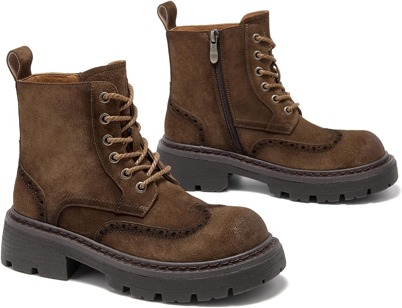 BEAU TODAY Womens Combat Boots, Platform Suede Leather Boots for Women, Lace Up Chunky Lug Sole Ankle Booties, Fashion Side Zipper Short booties