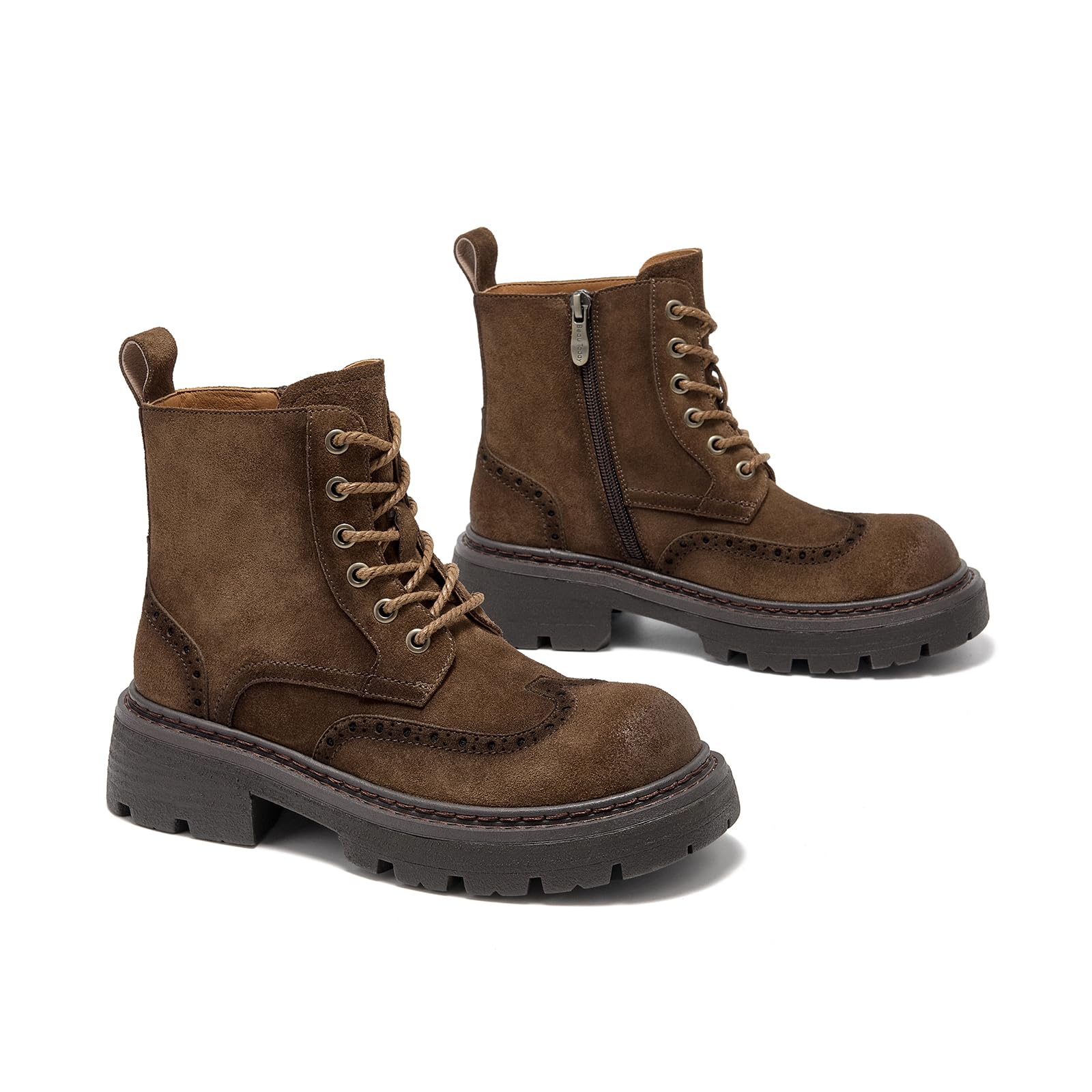 BEAU TODAY Womens Combat Boots Platform Suede Leather Boots for Women Lace Up Chunky Lug Sole Ankle Booties
