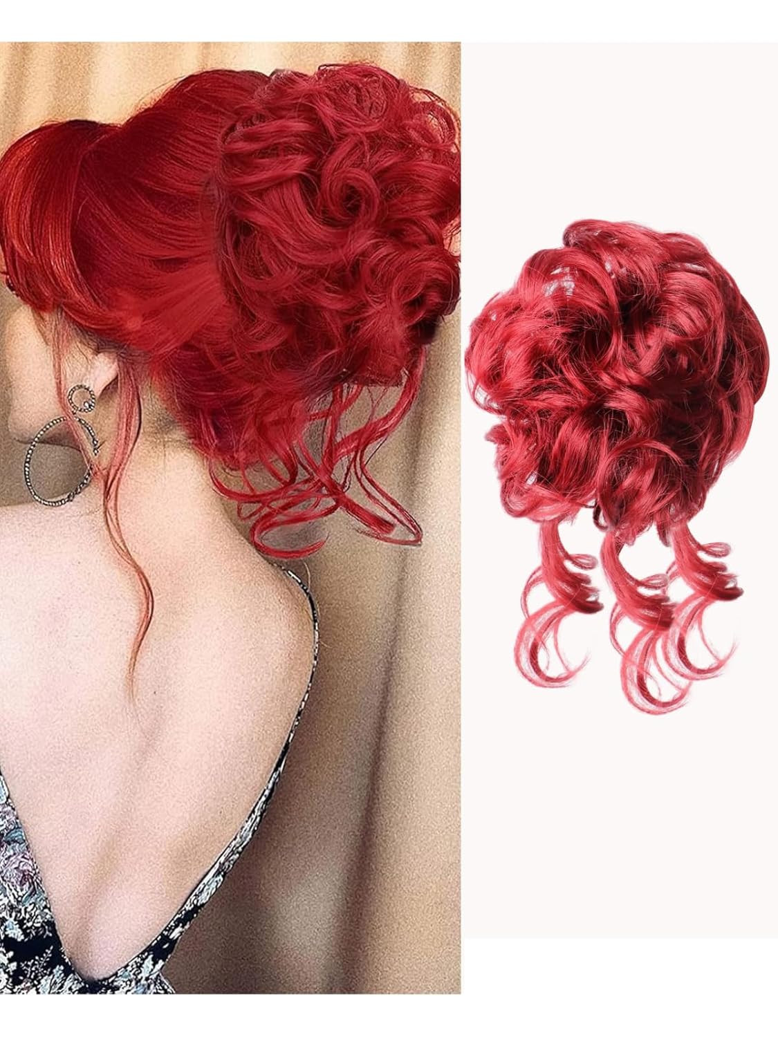 Messy Bun Hair Piece Hair Bun Scrunchies Curly Wavy Synthetic Chignon Ponytail Extensions Elastic Band Pieces Thick Updo Hairpieces for Women(Red)