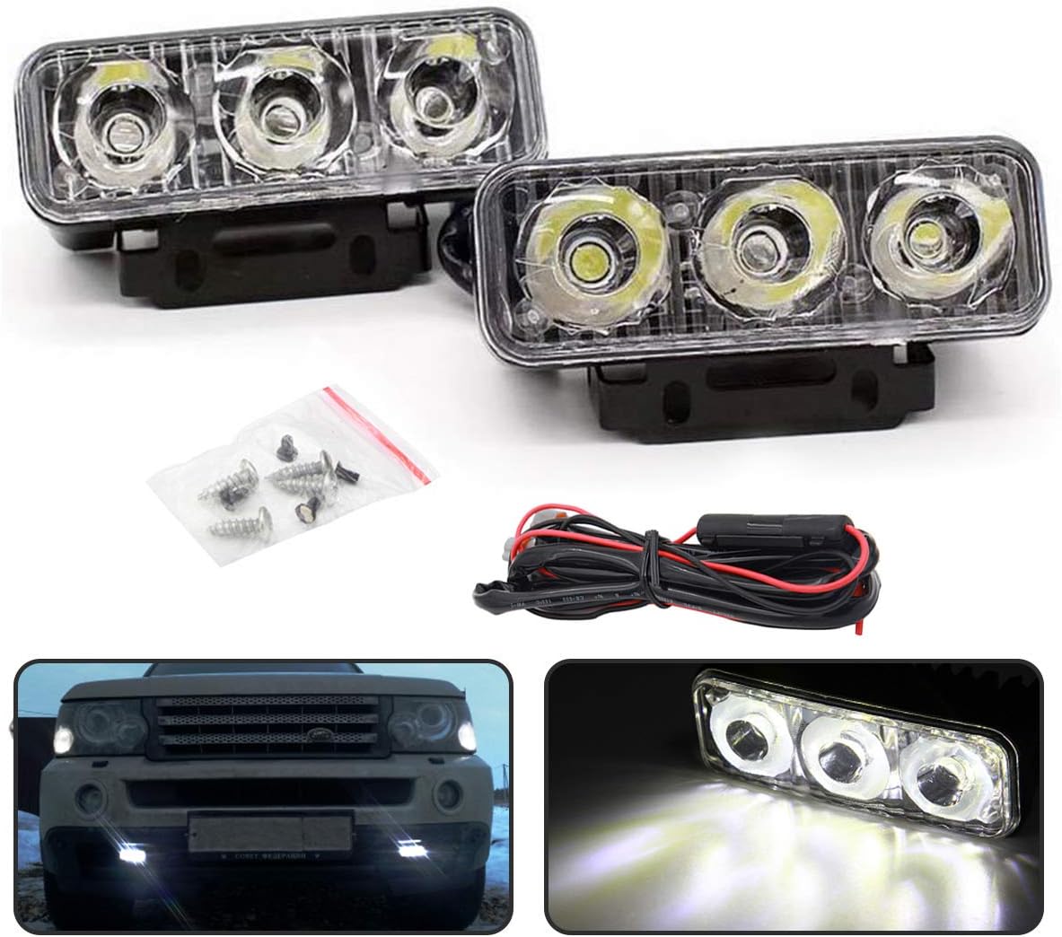 2 Set LED Daytime Driving Lights 3-Leds DRL Fog Lmap Daytime Running Light Kit Universal Fit for Car SUV Sedan Coupe Vehicle Universal