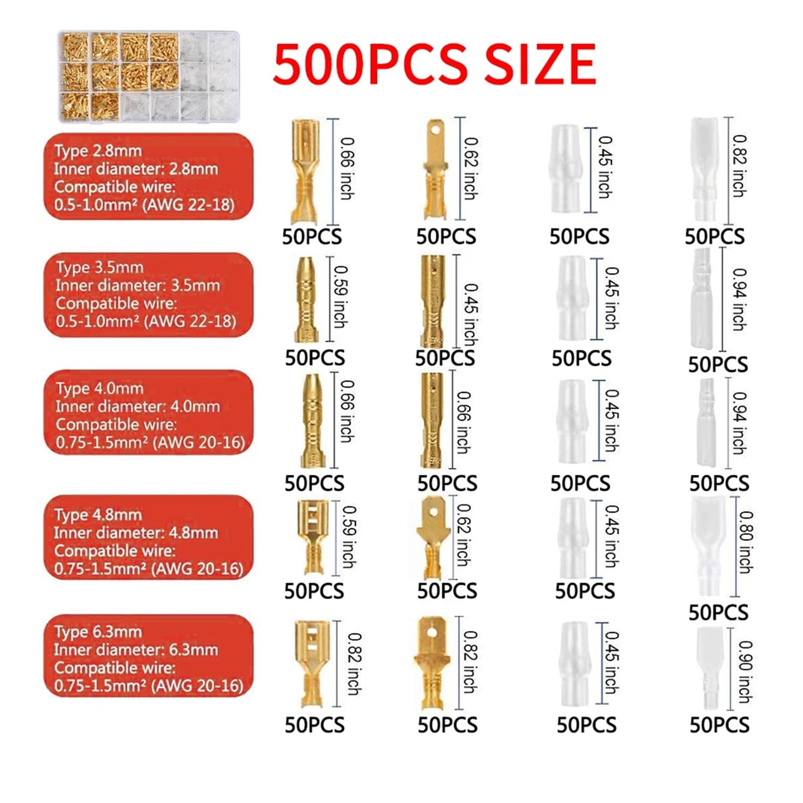 Wire Terminal Crimping Tools Kit,Ratcheting Crimp Plier 500 Female Male Spade Connectors&Bullet Terminals Set Hand Crimper(SN-58B)