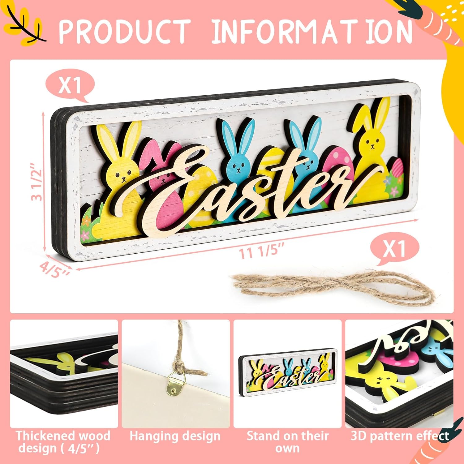 Vintage Easter Decorations for Home Wooden Easter Table Decor, Happy Easter Signs, Spring Bunny Centerpiece Rustic Farmhouse Tiered Tray Decor for Kitchen Office Mantel Shelf Desk Wall Door - Image 2