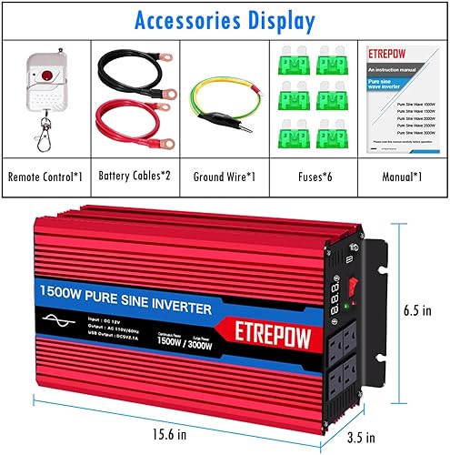 Miniatura 6 de Inversor de corriente de onda sinusoidal pura de 15003000 vatios, 12 V CC a 110 V120 V, convertidor de energía de CA con control remoto, inversor