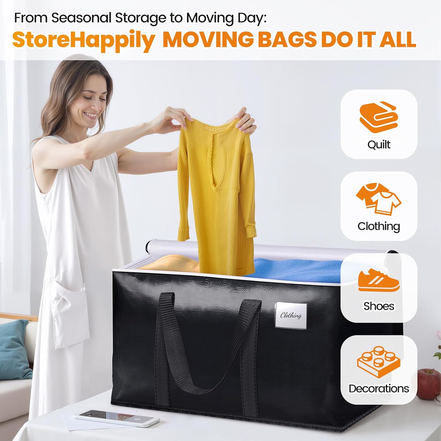 Heavy-Duty & Extra Capacity Moving Bags with Backpack Straps, Storage Totes with Double Zipper & Strong Handles, Packing Bags Alternative to Moving Boxes, Moving Supplies (6 Pack, Black) - Image 5