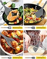 Vista 5 de Juego de 4 utensilios de cocina de silicona, espátulas sólidas antiadherentes y cucharas ranuradas resistentes al calor con mango de madera