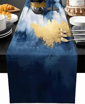 Navy Blue Gold Table Runner 48 Inches Long - Modern Abstract Wave Art Seaside Scenery Kitchen Dining Burlap Linen Tablerunner for Small/Round/Square/Wedding/Coffee/Dining Table Party Home Decor