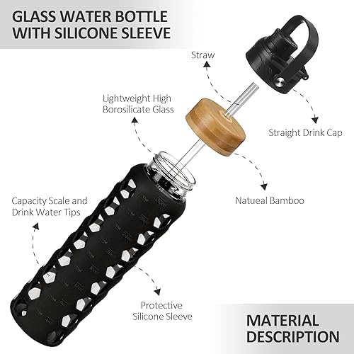Miniatura 4 de MUKOKO Botellas de agua de vidrio de 32 onzas con 2 tapas, tapa de boquilla con asa y tapa de popote de bambú, vaso de agua motivacional con