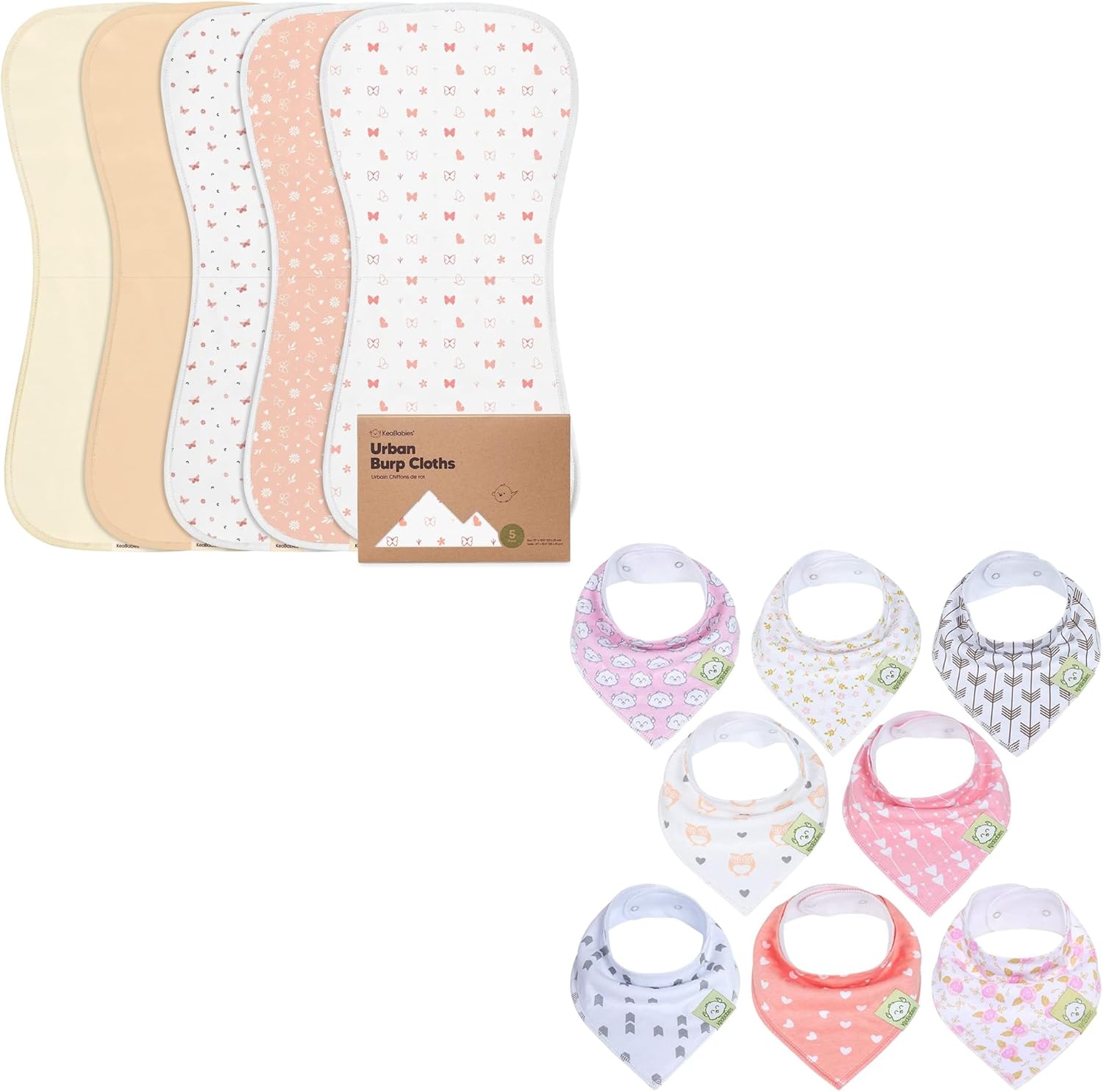 KeaBabies 5-Pack Organic Burp Cloths for Baby Boys and Girls and 8-Pack Organic Baby Bandana Drool Bibs for Girls - Ultra Absorbent Burping Cloth - Baby Bibs for Baby Girls, Baby Boys - Burp Clothes