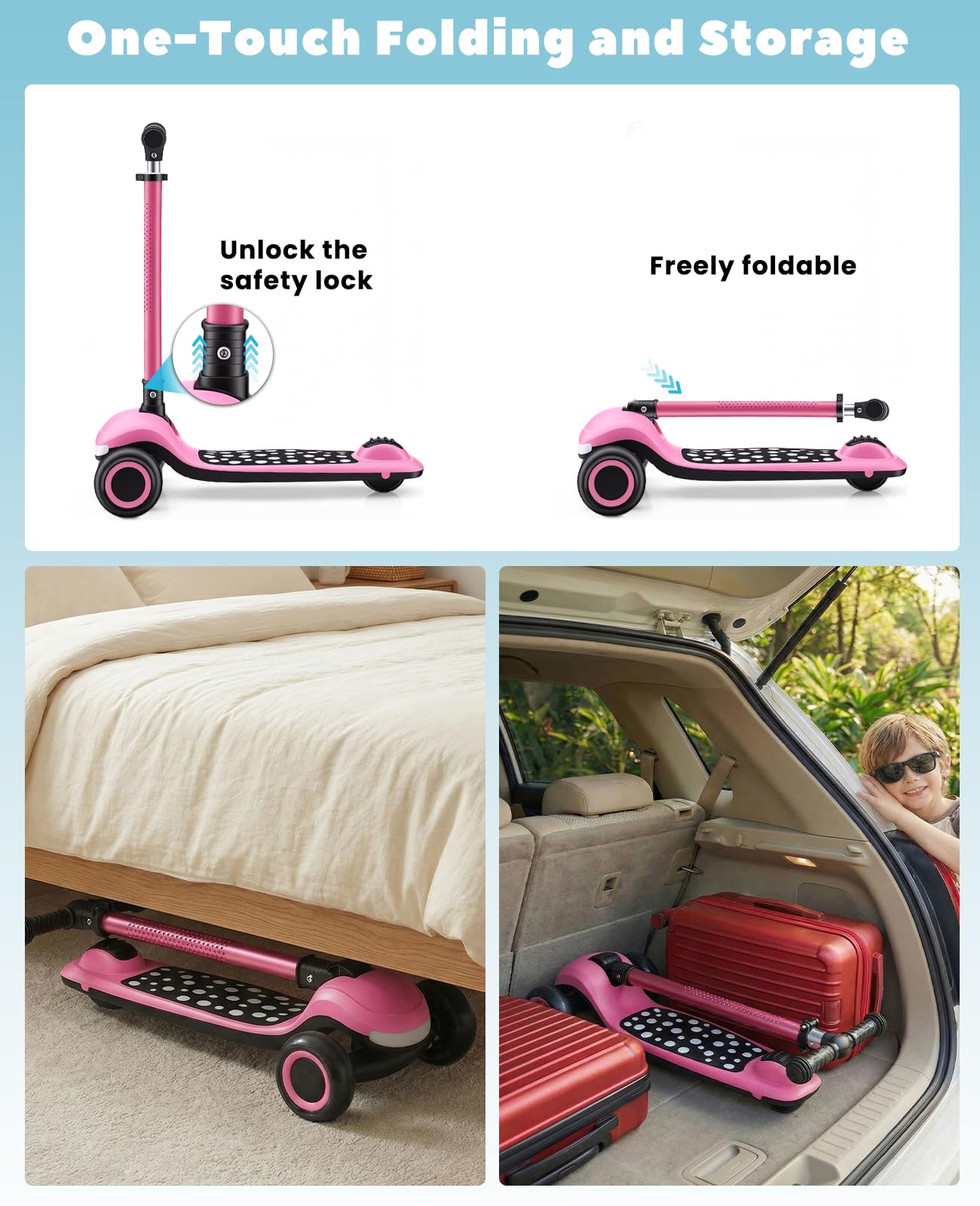 UBRAVOO Roller Kinder 3–10 Jahren Scooter für Kinder mit Nur Einem klick Zusammenklappbar, mit 4-Fach Höhenverstellbarem Lenker und Hinterradbremse, Beleuchteter Wide-Deck-Scooter&Jungen und Mädchen