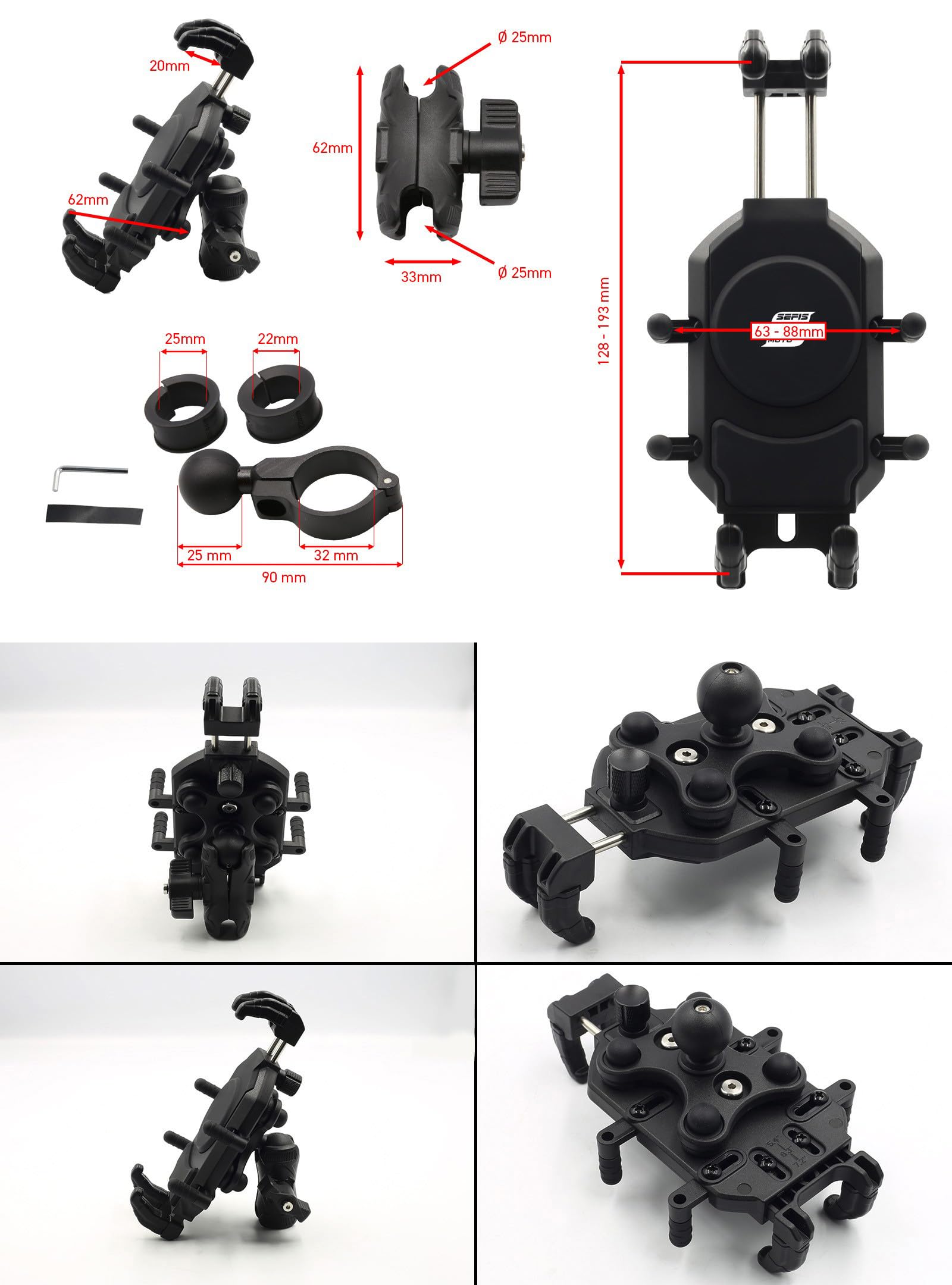 SEFIS - Supporto per cellulare da moto con adattatore anti-shock, robusto supporto per telefono girevole a 360°, universale, 22-25 mm, antivibrazioni e antifurto (SEFIS Set di rilegatura + fascetta)