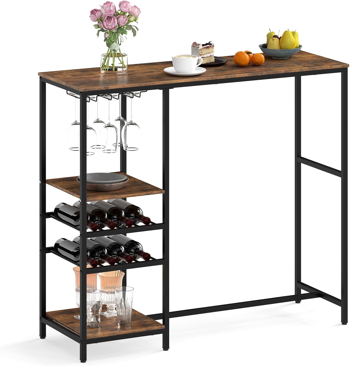 COSTWAY 48" Long Bar Table, Bar Height Dining Table with Storage Shelves, Wine Racks & Stemware Holders, Industrial Breakfast Table for Kitchen Living Room Behind Couch, Rustic Brown