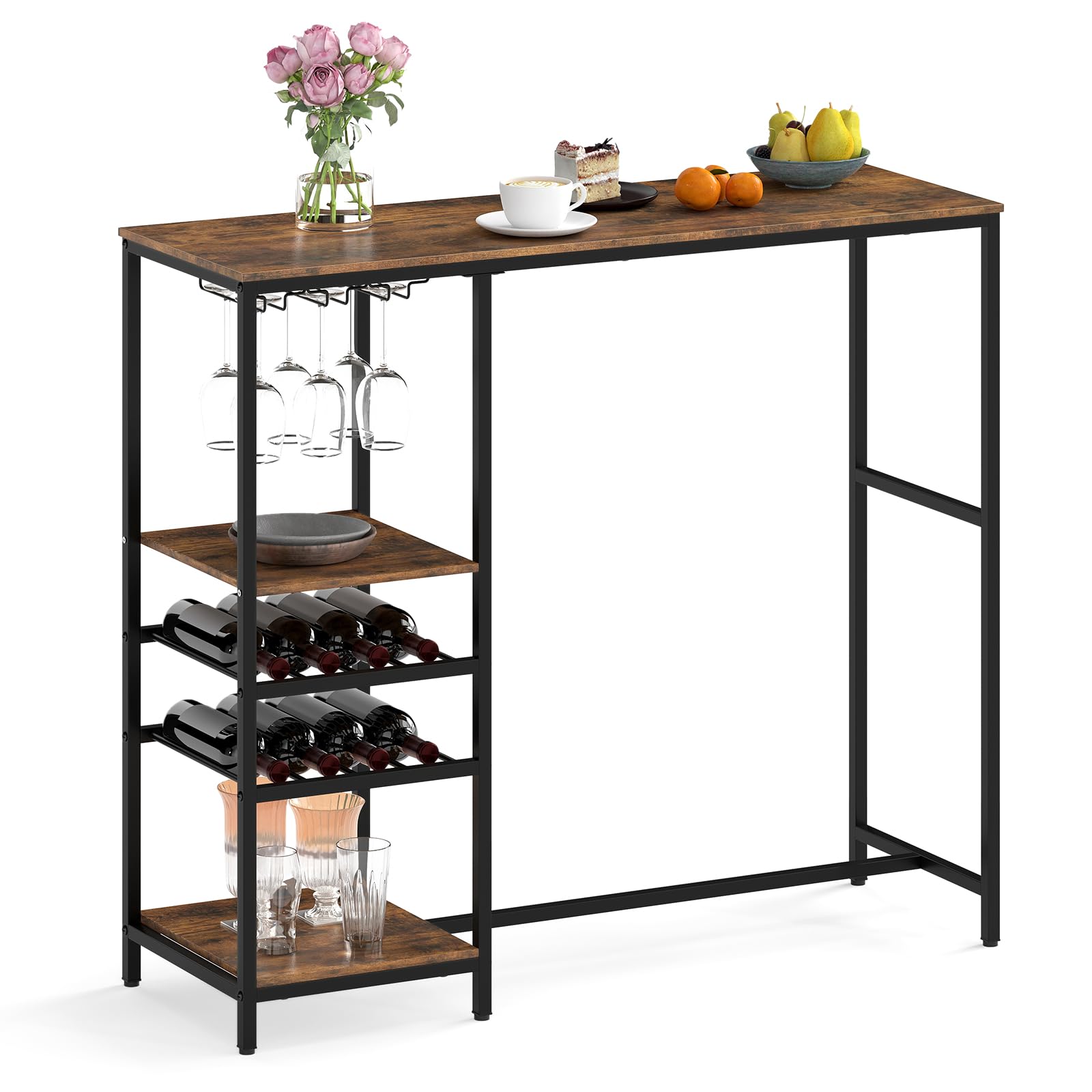 LIFEZEAL Mesa de Bar de 5 Niveles, Mesa Alta Cocina con Amplia Superficie， Mueble de Almacenamiento con Estantes Abiertos y 2 Portavasos Debajo de la Bandeja, Estructura de Metal Sólida