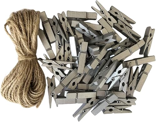 DurReus Pinzas de madera fuertes para fotos, accesorios decorativos para fiestas en casa, con cordel de yute, color plateado, paquete de 50