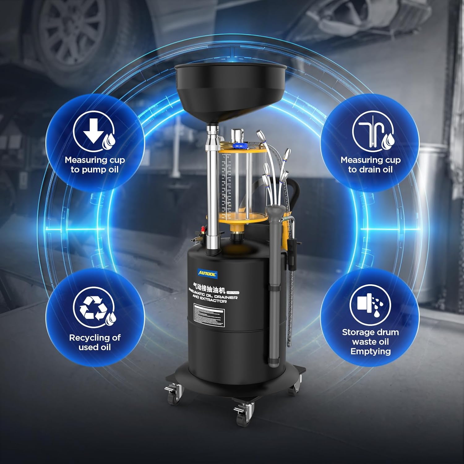Diagram showing the four main functions of the AUTOOL OD720: measuring cup to pump oil, measuring cup to drain oil, recycling of used oil, and storage drum waste oil emptying.
