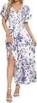 WNEEDU Womens 2026 Deep V Neck Ruffle Sleeve Summer Maxi Dress with Pockets | Flowy and casual design,Flattering empire waist,Pair with sandals and jewelry,Ideal for vacation and wedding guest sundress