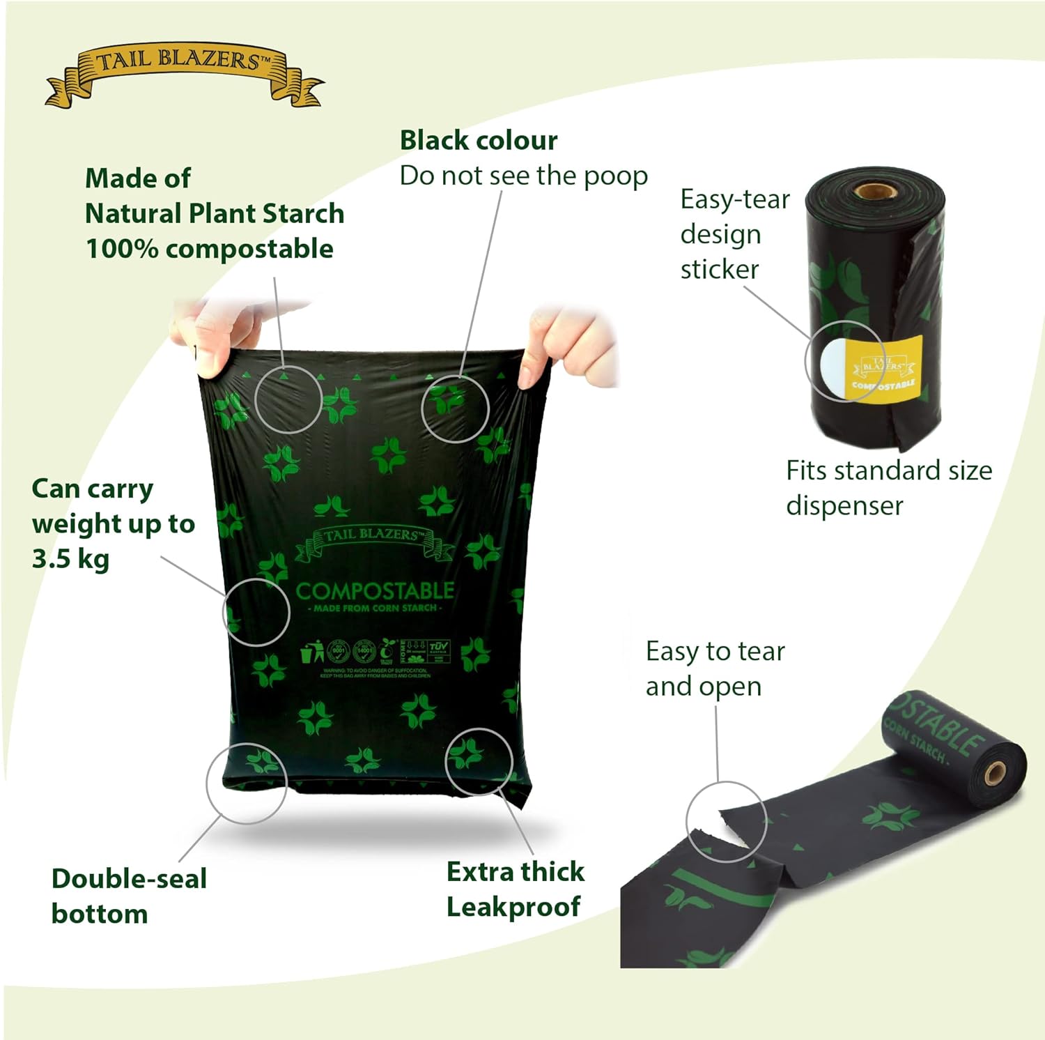 TAIL BLAZERS™ Poop Bags. Quality Black Compostable Dog Waste Bag Rolls Made With Corn Starch