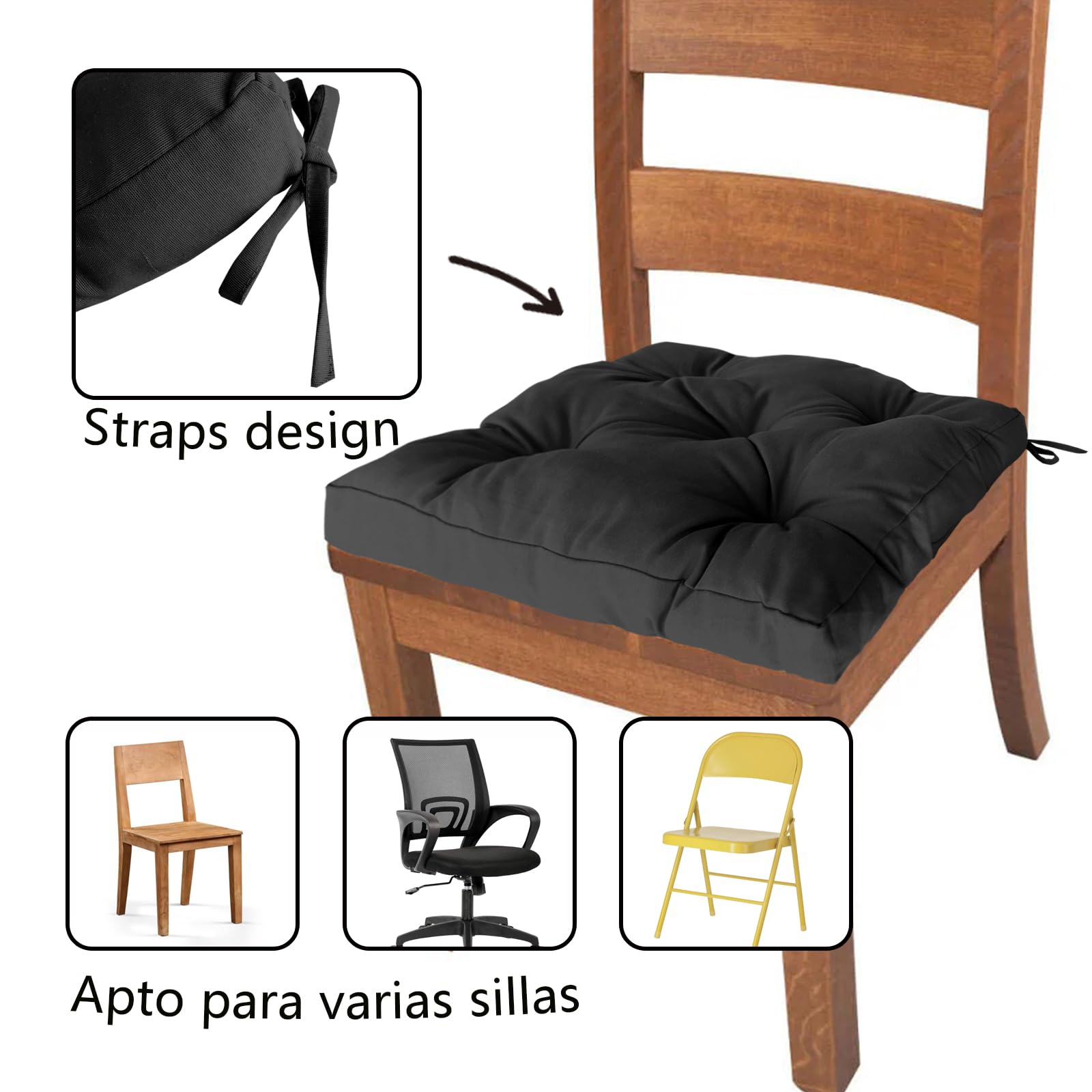 MORE FREE-Pack 6 Cojines para Silla,Cojin de Asiento Decorativo Funda de Poliéster y Relleno de Fibra Hueca 45x45x5cm,Ideal para Comedor, Terraza, Salón y Restaurante (Negro, Pack 6)