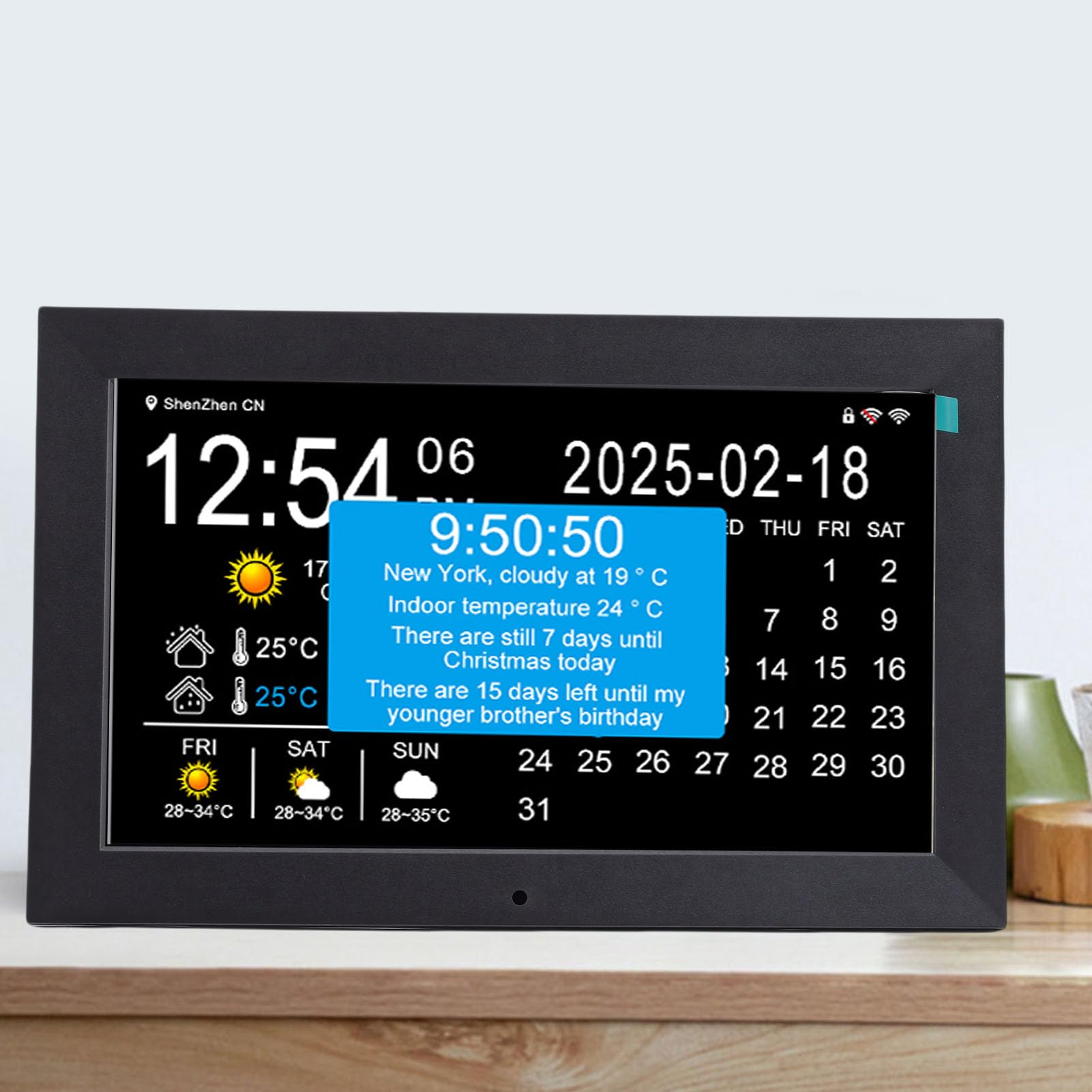 Reloj Digital Inteligente WiFi de 10 Pulgadas, Pantalla Grande con Clima en Tiempo Real, Temperatura Interior y Exterior, Humedad, Recordatorio de Medicamentos, Lectura (Enchufe Europeo)