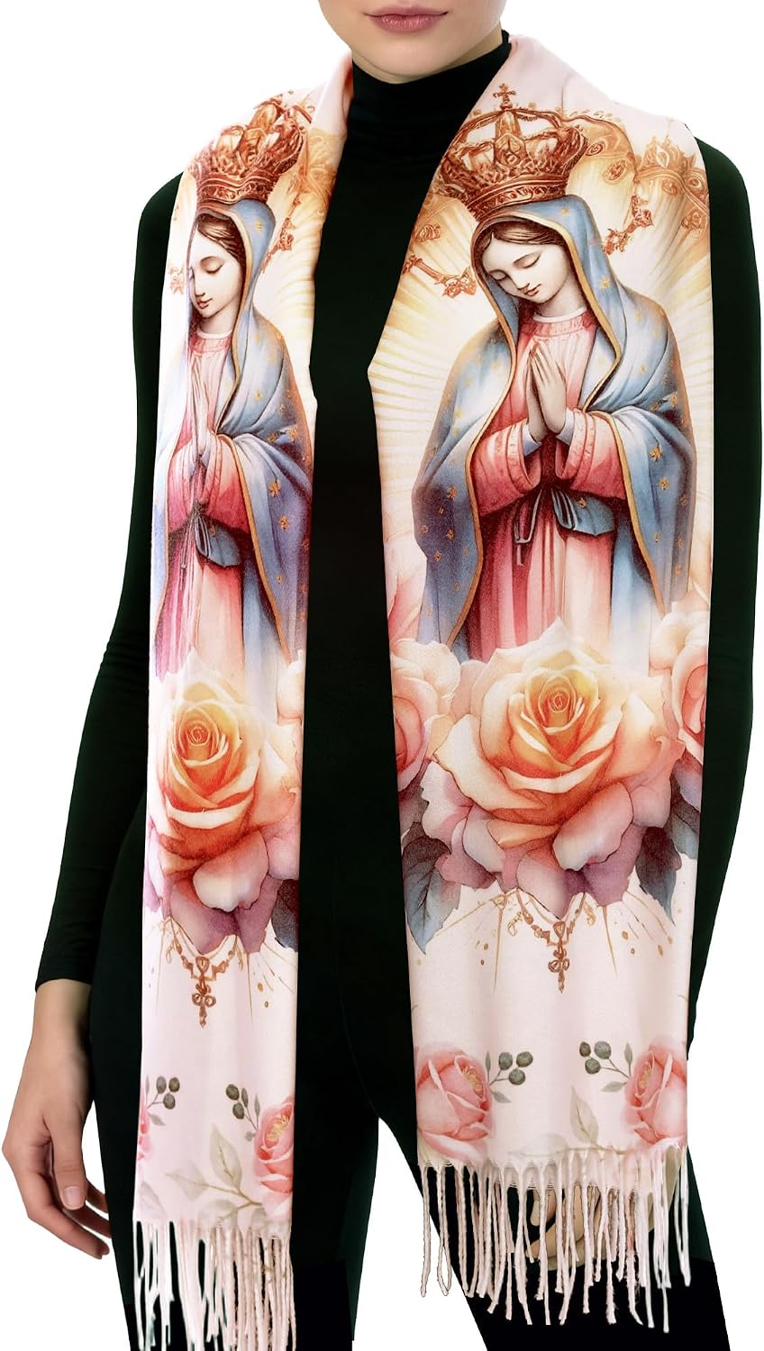 Virgen de Guadalupe Prayer Shawl Scarf Catholic Gifts For Women Mom Mexican Virgin Mary Pashmina Scarves Wrap (Rose Pink)