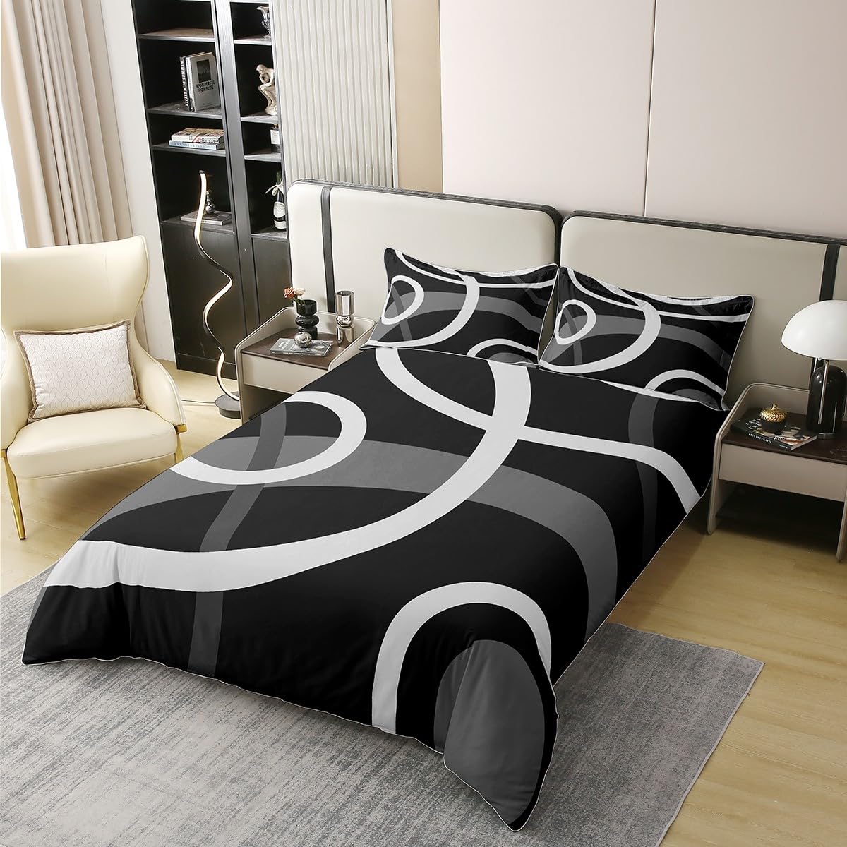 Homemissing Lignes Blanches Housse de Couette 220x240cm 100% Coton Enfants Géométriques Lignes Rondes Literie Set Art Abstrait Parure de lit de Chambre Noir Gris Ensemble de lit