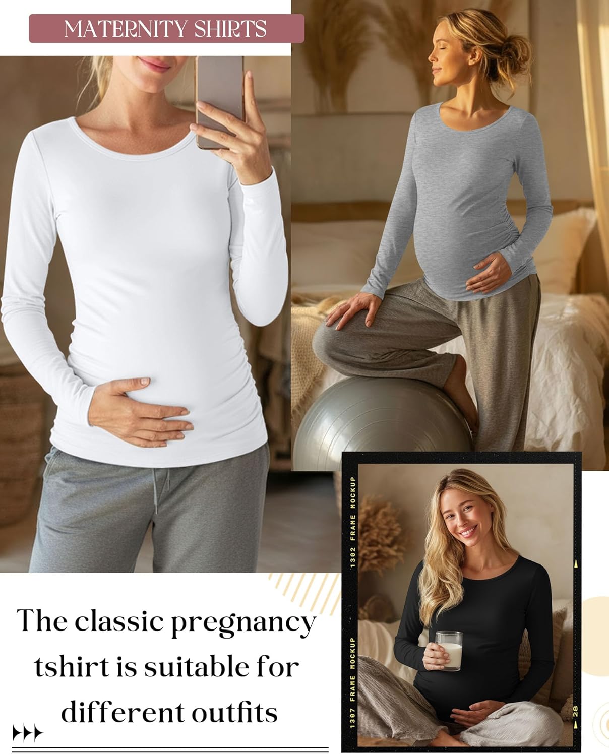 Ficerd 3 Pack Women's Maternity Shirts, Long Sleeve Side Ruched Pregnancy Tee Tops Crew Neck Casual Mama Clothes Basic Tunic - Image 2