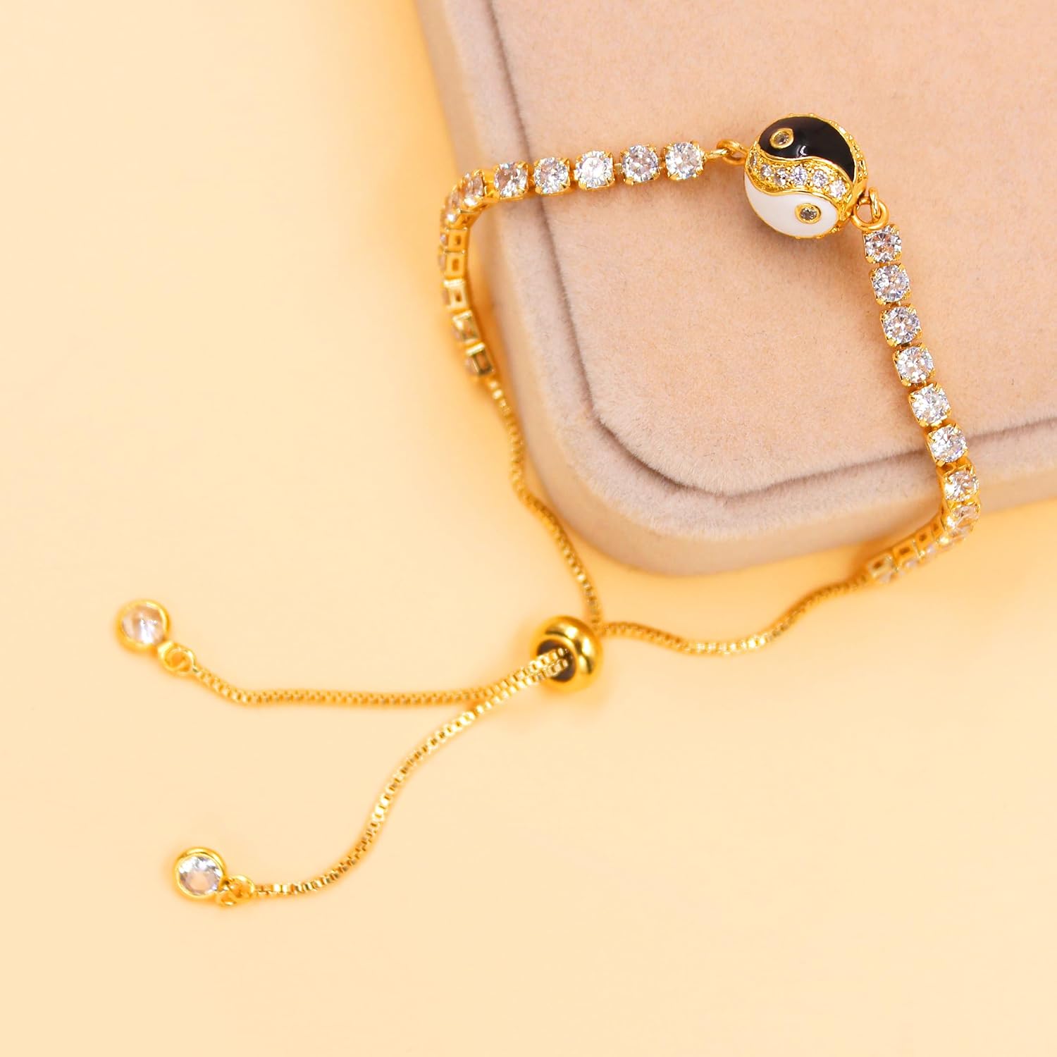 Yin Yang Bracelet - Brass Inlaid Cubic Zirconia Spiritual Balance Jewelry, Feng Shui Energy Healing Adjustable Couple Gift YA5461