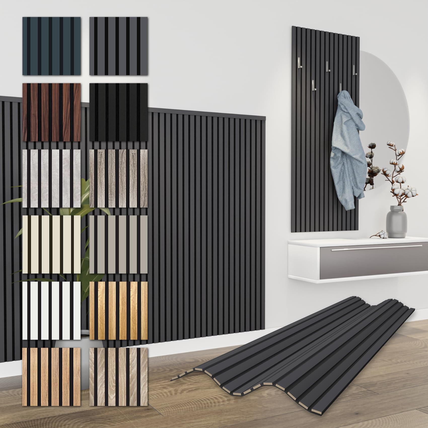 HEXIM Pannelli Acustici 138,5x60cm - Parete a Lamelle Flessibile Legno MDF Pannelli Murali Rivestimento a Lamelle Rivestimento Murale (8 pannelli / 6,64 m² Black Lead - APH05)