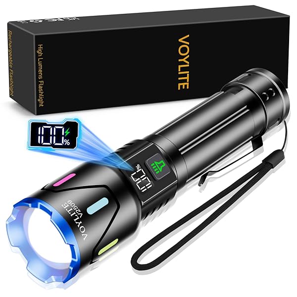 Voylite Flashlights High Lumens - 10000 Lumen, Rechargeable 5000mAh with LCD Power Display, IPX7 Waterproof, 3 Modes & Zoomable (1500m), Belt Clip for Camping, Hiking, Emergency