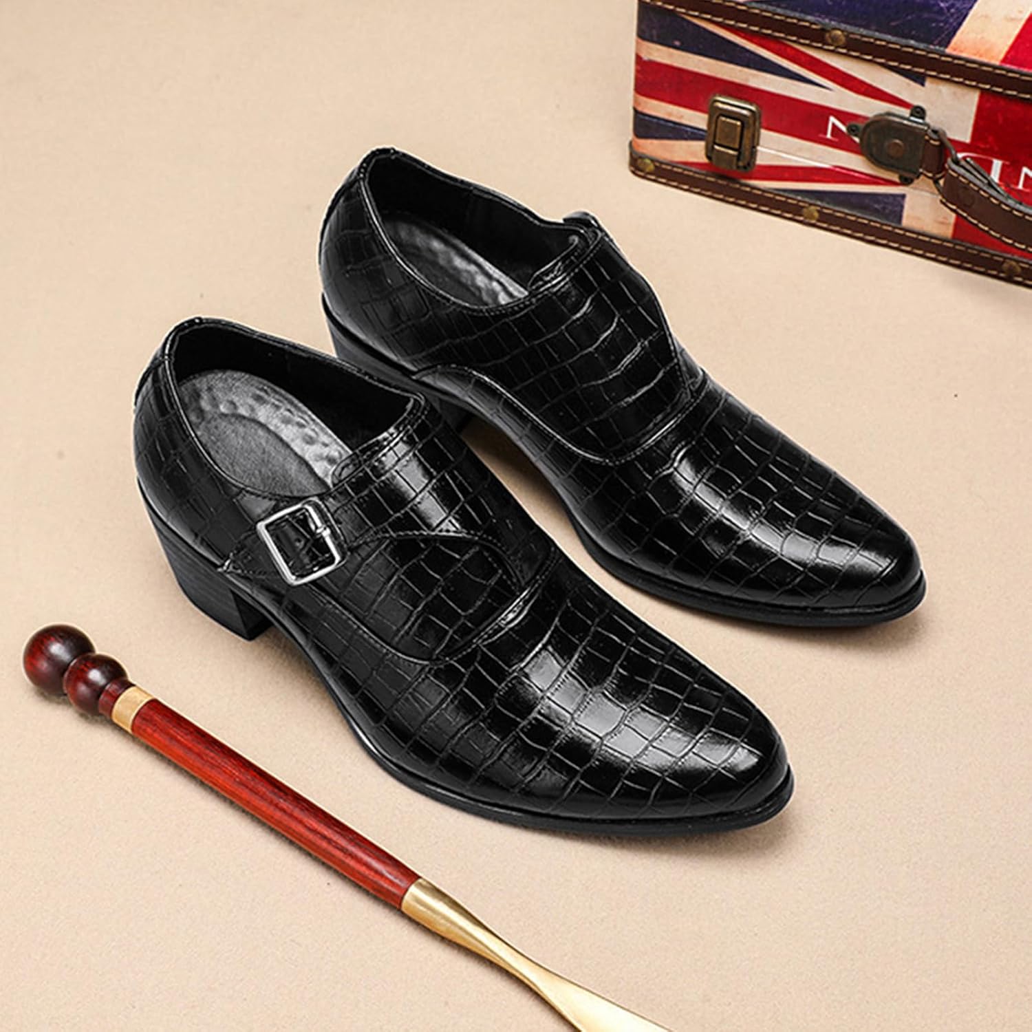Men's Stone Pattern Chunky Heel Monk Strap Loafers Fashion Classic Pointed Toe Slip On Low Top Chelsea Business Dress Oxford Shoes - Image 5