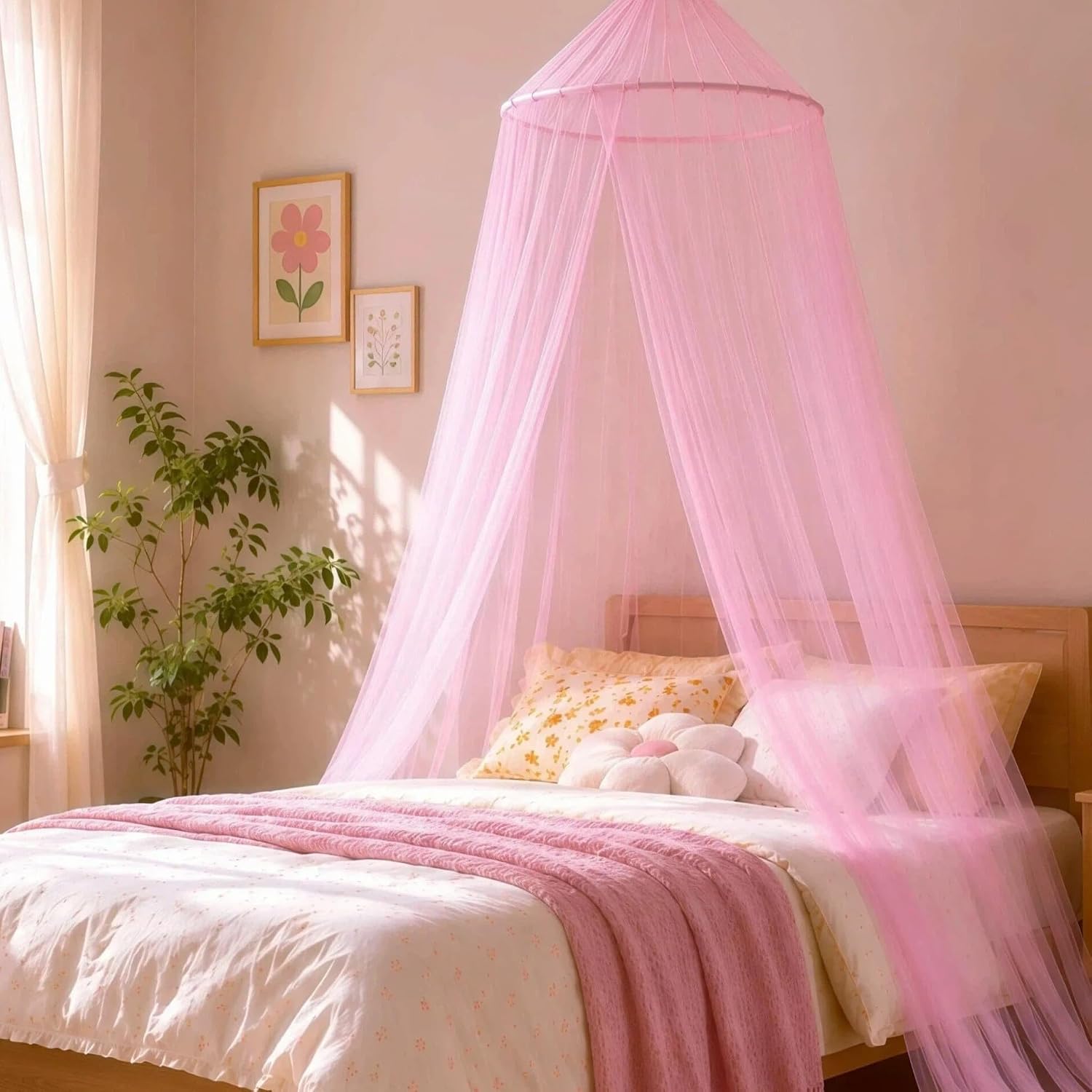 Pink Bed Canopy for Girls, Round Dome Bed Curtain, Dreamy Mosquito Netting for Princess Bedroom